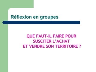 Réflexion en groupes QUE FAUT-IL FAIRE POUR  SUSCITER L’ACHAT  ET VENDRE SON TERRITOIRE ? 