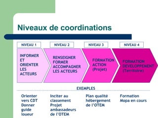 Niveaux de coordinations INFORMER ET ORIENTER LES ACTEURS RENSEIGNER FORMER ACCOMPAGNER LES ACTEURS FORMATION ACTION (Projet) FORMATION DEVELOPPEMENT (Territoire) NIVEAU 1 NIVEAU 2 NIVEAU 3 NIVEAU 4 EXEMPLES Orienter vers CDT  Donner guide loueur Inciter au classement Projet ambassadeurs de l’OTEM Plan qualité hébergement de l’OTEM Formation Mopa en cours 