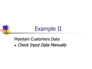 Example II
Maintain Customers Data
 Check Input Data Manually
 