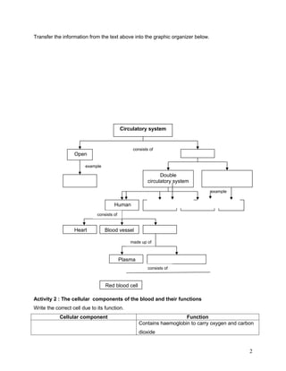 Transfer the information from the text above into the graphic organizer below.




                                            Circulatory system


                                                 consists of
                   Open

                        example

                                                               Double
                                                         circulatory system
                                                                                  example


                                       Human                   Birds                    Fish
                              consists of


                   Heart          Blood vessel

                                                made up of



                                            Plasma
                                                         consists of



                                  Red blood cell

Activity 2 : The cellular components of the blood and their functions
Write the correct cell due to its function.
            Cellular component                                          Function
                                                     Contains haemoglobin to carry oxygen and carbon
                                                     dioxide


                                                                                                  2
 