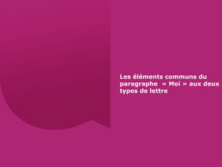 Les éléments communs du
paragraphe « Moi » aux deux
types de lettre
 