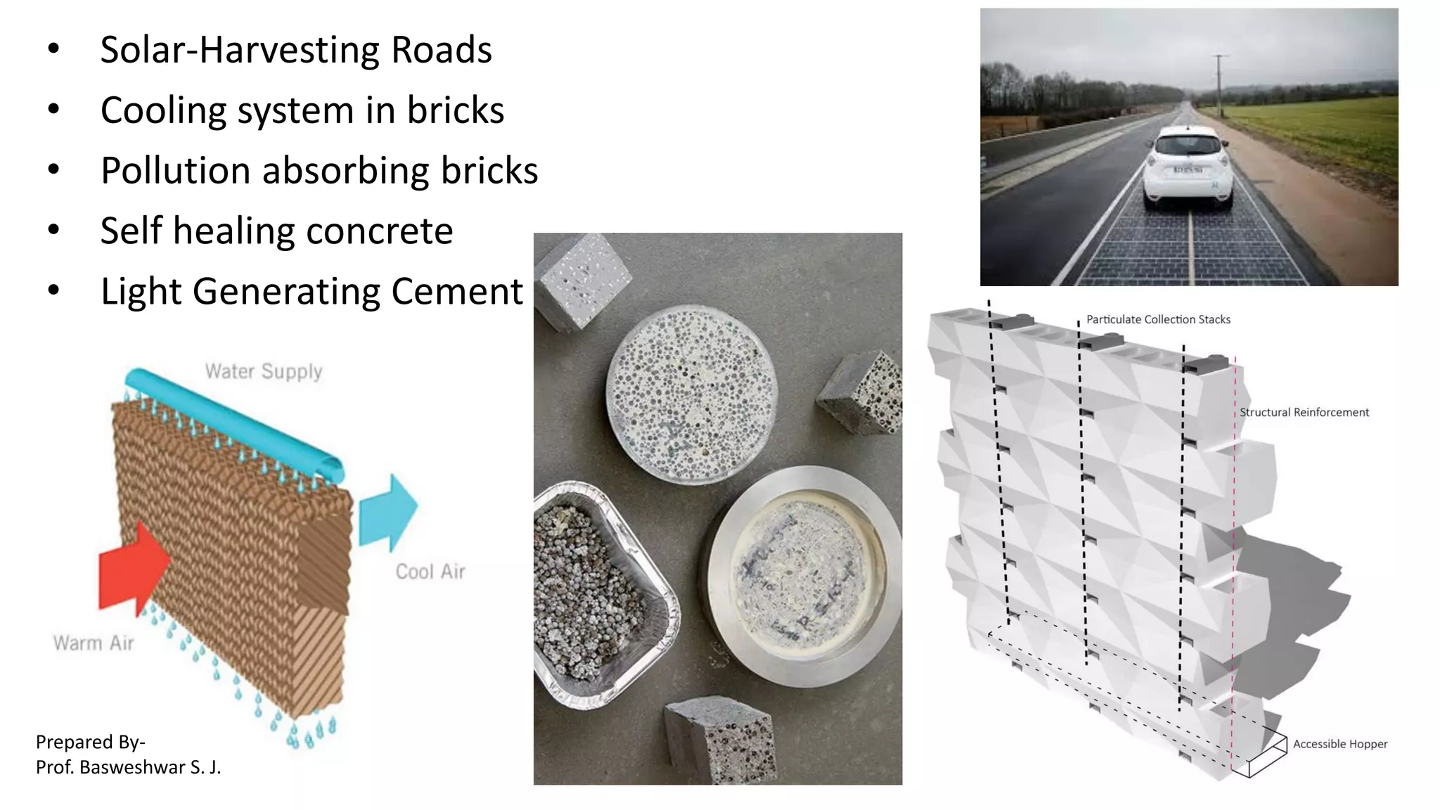 • Solar-Harvesting Roads
• Cooling system in bricks
• Pollution absorbing bricks
• Self healing concrete
• Light Generating Cement
Prepared By-
Prof. Basweshwar S. J.
 