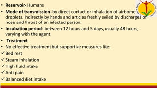 • Reservoir- Humans
• Mode of transmission- by direct contact or inhalation of airborne
droplets. Indirectly by hands and articles freshly soiled by discharges of
nose and throat of an infected person.
• Incubation period- between 12 hours and 5 days, usually 48 hours,
varying with the agent.
• Treatment
• No effective treatment but supportive measures like:
✓Bed rest
✓Steam inhalation
✓High fluid intake
✓Anti pain
✓Balanced diet intake
 