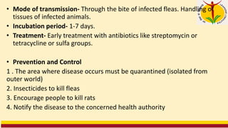 • Mode of transmission- Through the bite of infected fleas. Handling of
tissues of infected animals.
• Incubation period- 1-7 days.
• Treatment- Early treatment with antibiotics like streptomycin or
tetracycline or sulfa groups.
• Prevention and Control
1 . The area where disease occurs must be quarantined (isolated from
outer world)
2. Insecticides to kill fleas
3. Encourage people to kill rats
4. Notify the disease to the concerned health authority
 
