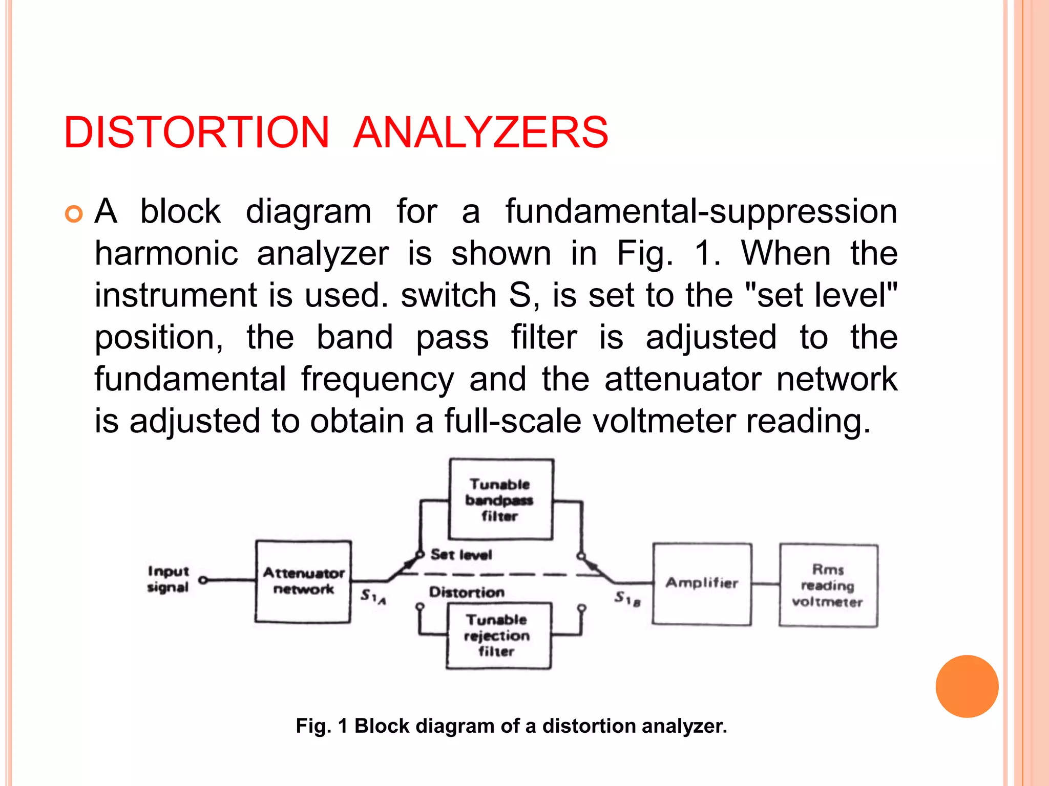 DISTORTION ANALYZERS
 A block diagram for a fundamental-suppression
harmonic analyzer is shown in Fig. 1. When the
instrument is used. switch S, is set to the "set level"
position, the band pass filter is adjusted to the
fundamental frequency and the attenuator network
is adjusted to obtain a full-scale voltmeter reading.
Fig. 1 Block diagram of a distortion analyzer.
 