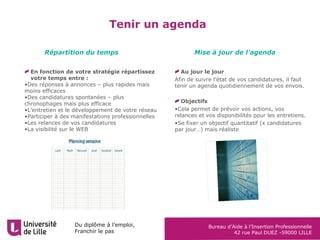 Université de Lille
Bureau d’Aide à l’Insertion Professionnelle
42, rue Paul Duez
59000 Lille
T. +33 3 20 96 52 76
www.baip@univ-lille2.fr
 