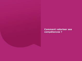 Du diplôme à l’emploi,
Franchir le pas
Bureau d’Aide à l’Insertion Professionnelle
42 rue Paul DUEZ -59000 LILLE
Rédiger une compétence métier
Schéma : verbe d’action + complément d’objet direct + contexte particulier du secteur d’activité
Exemples :
Assurer le suivi de la production des différents supports de communication, notamment en matière
de mise en page, de format à privilégier...
Repérer les concepts sous -jacents à une étude ou un document scientifique lors d’une recherche
bibliographique
Rédiger un commentaire d’arrêt portant sur le décret…
Consultez les fiches métiers
Utilisez le réseau pour compléter votre enquête métier
Verbe d’action
Verbe d’action
Verbe d’action
 