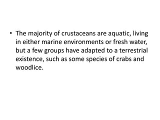 • The majority of crustaceans are aquatic, living
in either marine environments or fresh water,
but a few groups have adapted to a terrestrial
existence, such as some species of crabs and
woodlice.
 
