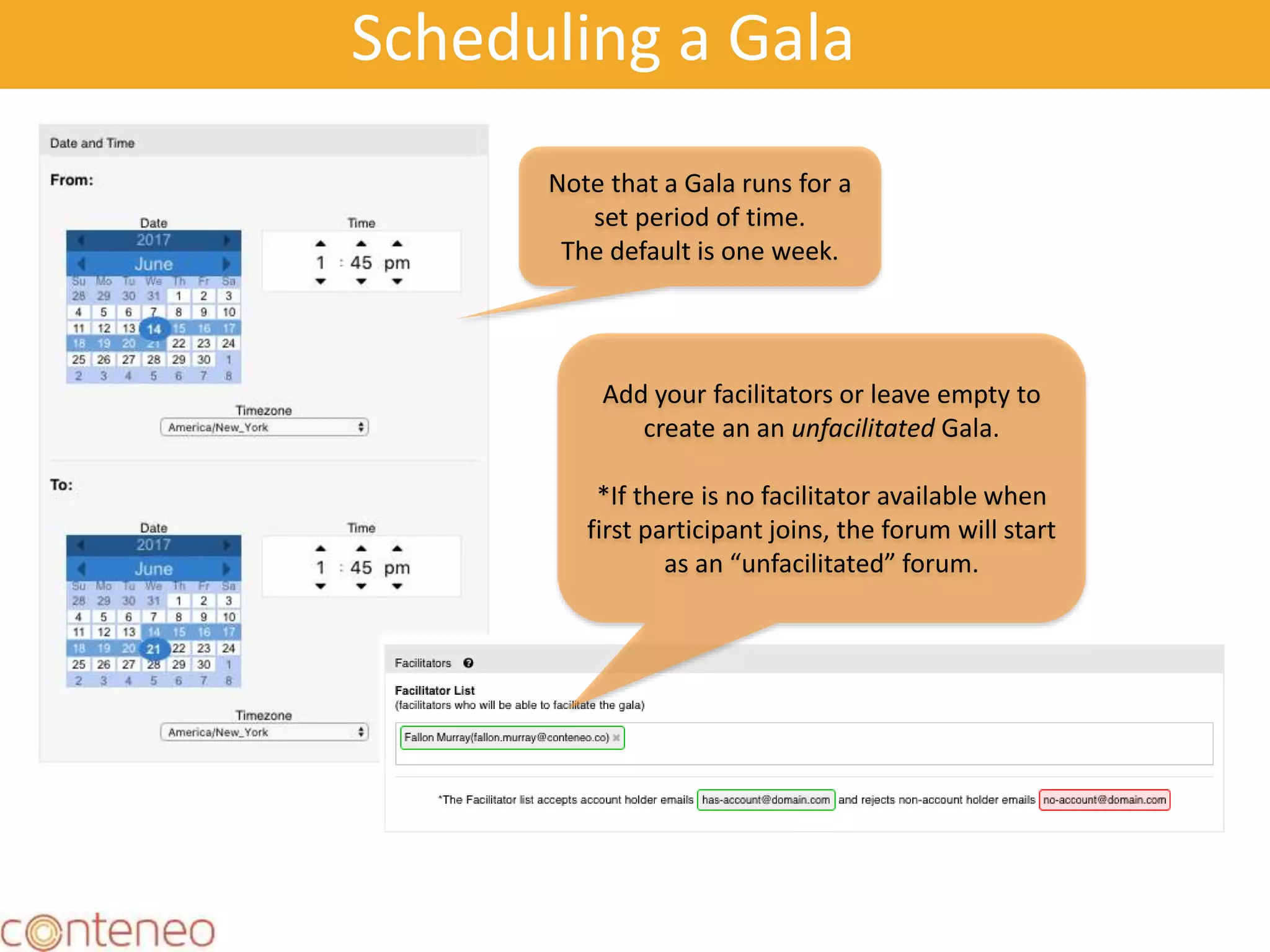 18
Scheduling a Gala
Note that a Gala runs for a
set period of time.
The default is one week.
Add your facilitators or leave empty to
create an an unfacilitated Gala.
*If there is no facilitator available when
first participant joins, the forum will start
as an “unfacilitated” forum.
 