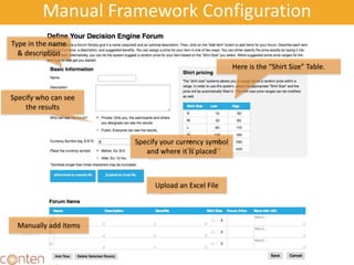 Type in the name
& description
Specify who can see
the results
Specify your currency symbol
and where it is placed
Here is the “Shirt Size” Table.
Manual Framework Configuration
Upload an Excel File
Manually add items
 