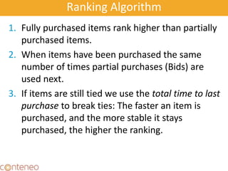 Ranking Algorithm
1. Fully purchased items rank higher than partially
purchased items.
2. When items have been purchased the same
number of times partial purchases (Bids) are
used next.
3. If items are still tied we use the total time to last
purchase to break ties: The faster an item is
purchased, and the more stable it stays
purchased, the higher the ranking.
46
 