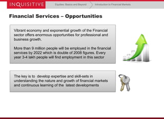 Equities: Basics and Beyond

Introduction to Financial Markets

Financial Services – Opportunities
Vibrant economy and exponential growth of the Financial
sector offers enormous opportunities for professional and
business growth.
More than 9 million people will be employed in the financial
services by 2022 which is double of 2008 figures. Every
year 3-4 lakh people will find employment in this sector

The key is to develop expertise and skill-sets in
understanding the nature and growth of financial markets
and continuous learning of the latest developments

 