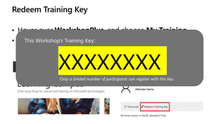 Redeem Training Key
• Hover over WorkshopPlus, and choose My Training
• Then select Redeem Training Key
This Workshop’s Training Key:
XXXXXXXX
Only a limited number of participants can register with this key.
 