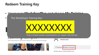 Redeem Training Key
• Hover over WorkshopPlus, and choose My Training
• Then select Redeem Training Key
This Workshop’s Tr...