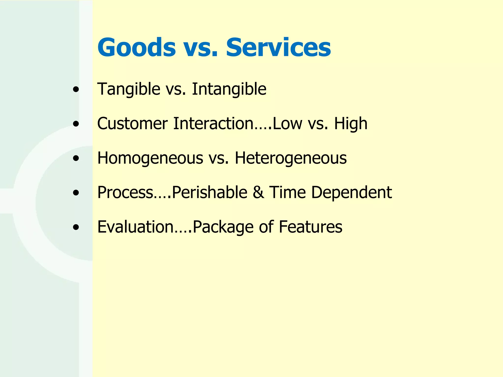 Goods vs. Services Tangible vs. Intangible Customer Interaction….Low vs. High Homogeneous vs. Heterogeneous Process….Perishable & Time Dependent Evaluation….Package of Features 