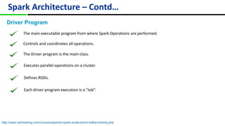 Spark Architecture – Contd…
Driver Program
The main executable program from where Spark Operations are performed.
Controls and coordinates all operations.
The Driver program is the main class.
Executes parallel operations on a cluster.
Defines RDDs.
Each driver program execution is a “Job”.
``
http://www.npntraining.com/courses/apache-spark-scala-storm-kafka-training.php
 