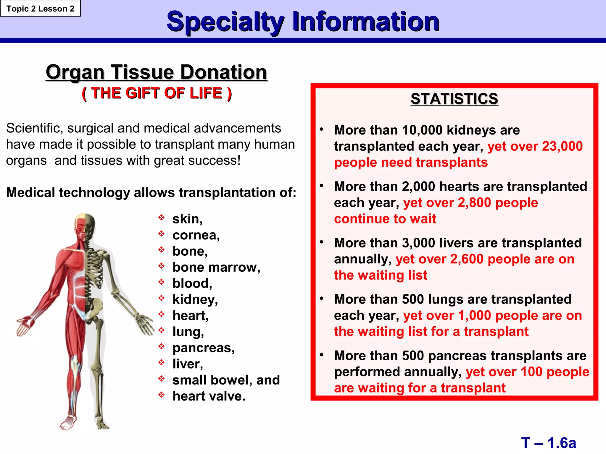 Specialty InformationSpecialty Information
T – 1.6a
Topic 2 Lesson 2
Organ Tissue DonationOrgan Tissue Donation
(( THE GIFT OF LIFETHE GIFT OF LIFE ))
Scientific, surgical and medical advancements
have made it possible to transplant many human
organs and tissues with great success!
Medical technology allows transplantation of:
STATISTICSSTATISTICS
• More than 10,000 kidneys are
transplanted each year, yet over 23,000
people need transplants
• More than 2,000 hearts are transplanted
each year, yet over 2,800 people
continue to wait
• More than 3,000 livers are transplanted
annually, yet over 2,600 people are on
the waiting list
• More than 500 lungs are transplanted
each year, yet over 1,000 people are on
the waiting list for a transplant
• More than 500 pancreas transplants are
performed annually, yet over 100 people
are waiting for a transplant
 skin,
 cornea,
 bone,
 bone marrow,
 blood,
 kidney,
 heart,
 lung,
 pancreas,
 liver,
 small bowel, and
 heart valve.
 