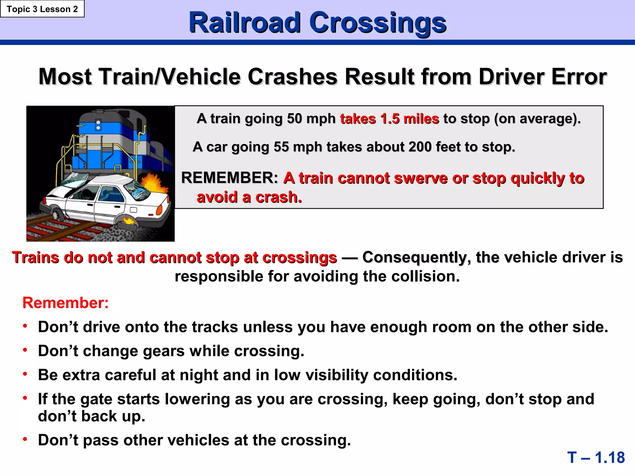 Railroad CrossingsRailroad Crossings
Most Train/Vehicle Crashes Result from Driver ErrorMost Train/Vehicle Crashes Result from Driver Error
T – 1.18
A train going 50 mphA train going 50 mph takes 1.5 milestakes 1.5 miles to stop (on average).to stop (on average).
A car going 55 mph takes about 200 feet to stop.A car going 55 mph takes about 200 feet to stop.
REMEMBER:REMEMBER: A train cannot swerve or stop quickly toA train cannot swerve or stop quickly to
avoid a crash.avoid a crash.
Topic 3 Lesson 2
Trains do not and cannot stop at crossingsTrains do not and cannot stop at crossings — Consequently, the v— Consequently, the vehicle driver is
responsible for avoiding the collision.
Remember:
• Don’t drive onto the tracks unless you have enough room on the other side.
• Don’t change gears while crossing.
• Be extra careful at night and in low visibility conditions.
• If the gate starts lowering as you are crossing, keep going, don’t stop and
don’t back up.
• Don’t pass other vehicles at the crossing.
 
