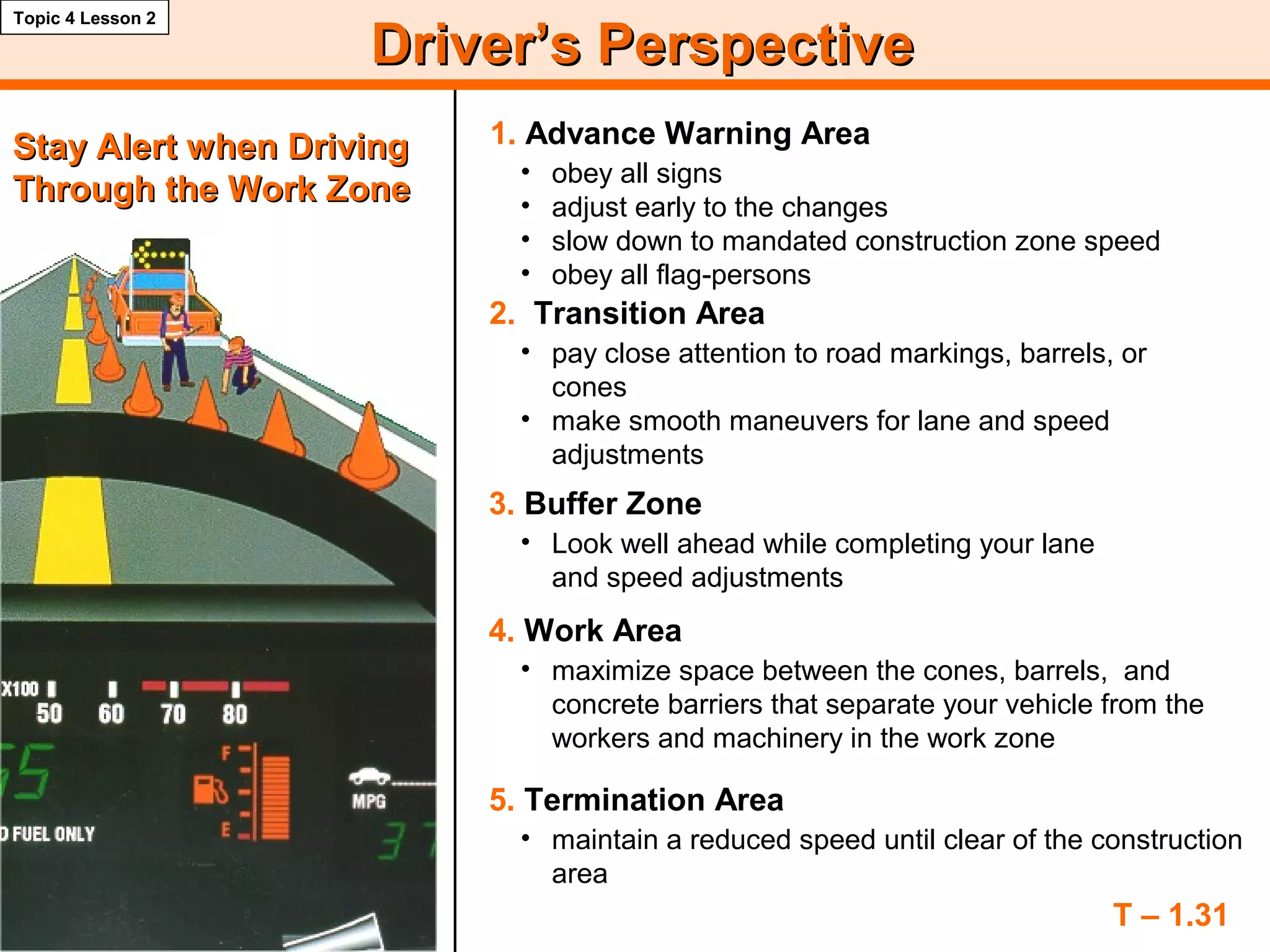 Driver’s PerspectiveDriver’s Perspective
Topic 4 Lesson 2
• obey all signs
• adjust early to the changes
• slow down to mandated construction zone speed
• obey all flag-persons
• pay close attention to road markings, barrels, or
cones
• make smooth maneuvers for lane and speed
adjustments
• Look well ahead while completing your lane
and speed adjustments
T – 1.31
1. Advance Warning Area
2. Transition Area
3. Buffer Zone
• maximize space between the cones, barrels, and
concrete barriers that separate your vehicle from the
workers and machinery in the work zone
4. Work Area
• maintain a reduced speed until clear of the construction
area
5. Termination Area
Stay Alert when DrivingStay Alert when Driving
Through the Work ZoneThrough the Work Zone
 