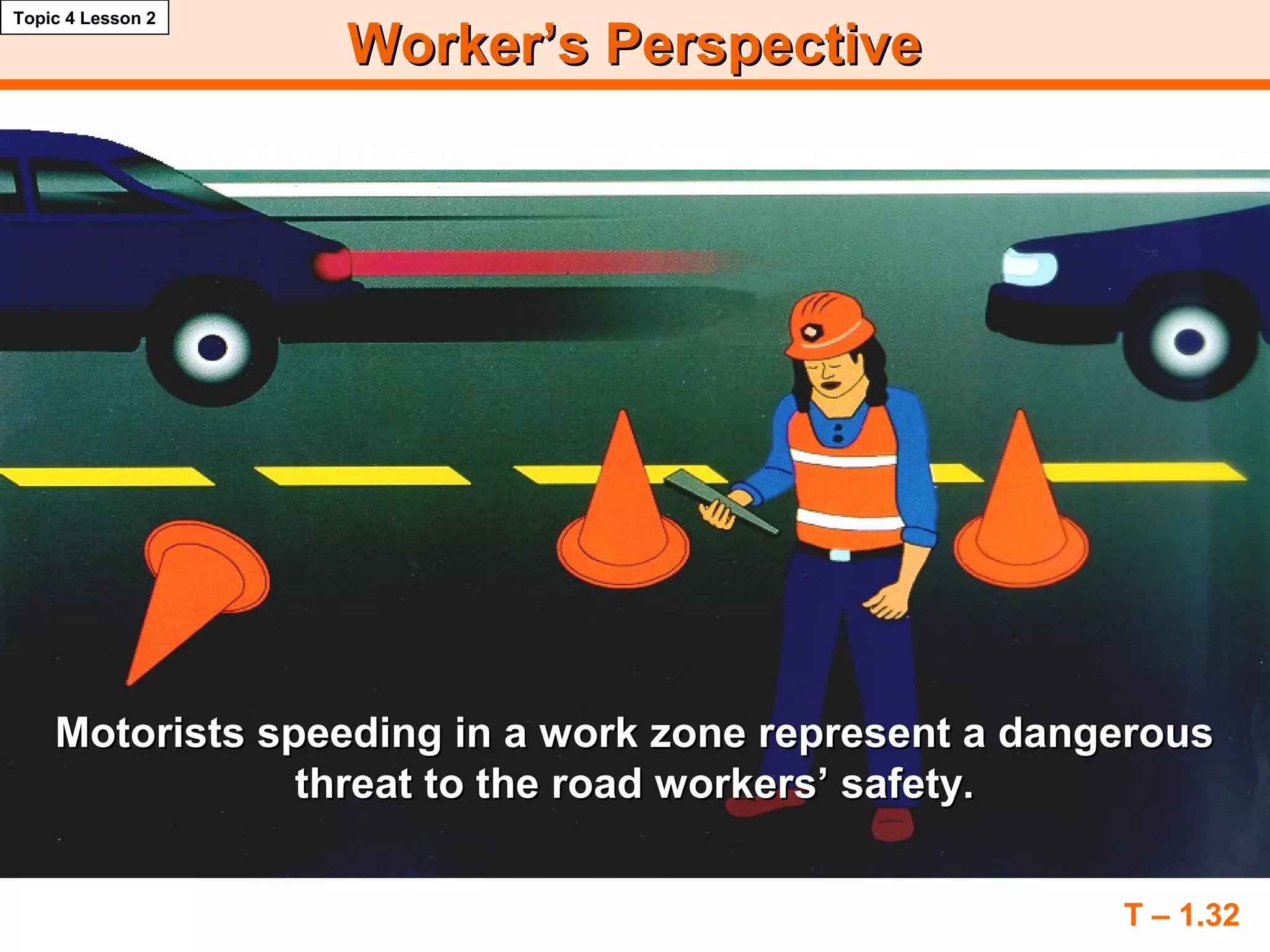 Worker’s PerspectiveWorker’s Perspective
T – 1.32
Topic 4 Lesson 2
Motorists speeding in a work zone represent a dangerousMotorists speeding in a work zone represent a dangerous
threat to the road workers’ safety.threat to the road workers’ safety.
 
