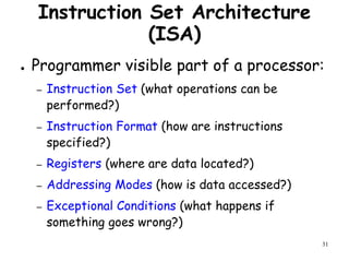 31
Instruction Set Architecture
(ISA)
● Programmer visible part of a processor:
– Instruction Set (what operations can be
performed?)
– Instruction Format (how are instructions
specified?)
– Registers (where are data located?)
– Addressing Modes (how is data accessed?)
– Exceptional Conditions (what happens if
something goes wrong?)
 