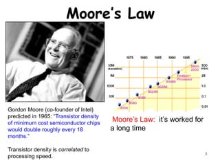3
Moore’s Law
Moore’s Law: it’s worked for
a long time
Gordon Moore (co-founder of Intel)
predicted in 1965: “Transistor density
of minimum cost semiconductor chips
would double roughly every 18
months.”
Transistor density is correlated to
processing speed.
 