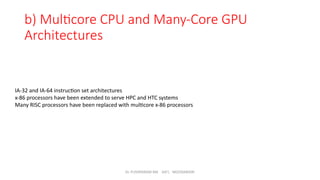 Dr. PUSHPARANI MK AIET, MOODABIDRI
b) Multicore CPU and Many-Core GPU
Architectures
IA-32 and IA-64 instruction set architectures
x-86 processors have been extended to serve HPC and HTC systems
Many RISC processors have been replaced with multicore x-86 processors
 