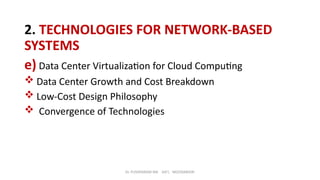 Dr. PUSHPARANI MK AIET, MOODABIDRI
2. TECHNOLOGIES FOR NETWORK-BASED
SYSTEMS
e) Data Center Virtualization for Cloud Computing
 Data Center Growth and Cost Breakdown
 Low-Cost Design Philosophy
 Convergence of Technologies
 