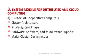 Dr. PUSHPARANI MK AIET, MOODABIDRI
3. SYSTEM MODELS FOR DISTRIBUTED AND CLOUD
COMPUTING
a) Clusters of Cooperative Computers
 Cluster Architecture
 Single-System Image
 Hardware, Software, and Middleware Support
 Major Cluster Design Issues
 