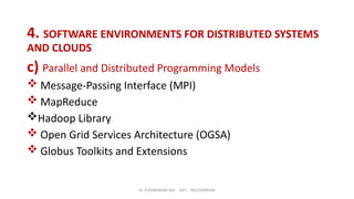 Dr. PUSHPARANI MK AIET, MOODABIDRI
4. SOFTWARE ENVIRONMENTS FOR DISTRIBUTED SYSTEMS
AND CLOUDS
c) Parallel and Distributed Programming Models
 Message-Passing Interface (MPI)
 MapReduce
Hadoop Library
 Open Grid Services Architecture (OGSA)
 Globus Toolkits and Extensions
 