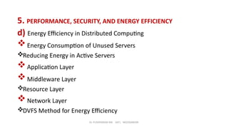 Dr. PUSHPARANI MK AIET, MOODABIDRI
5. PERFORMANCE, SECURITY, AND ENERGY EFFICIENCY
d) Energy Efficiency in Distributed Computing
Energy Consumption of Unused Servers
Reducing Energy in Active Servers
Application Layer
Middleware Layer
Resource Layer
Network Layer
DVFS Method for Energy Efficiency
 