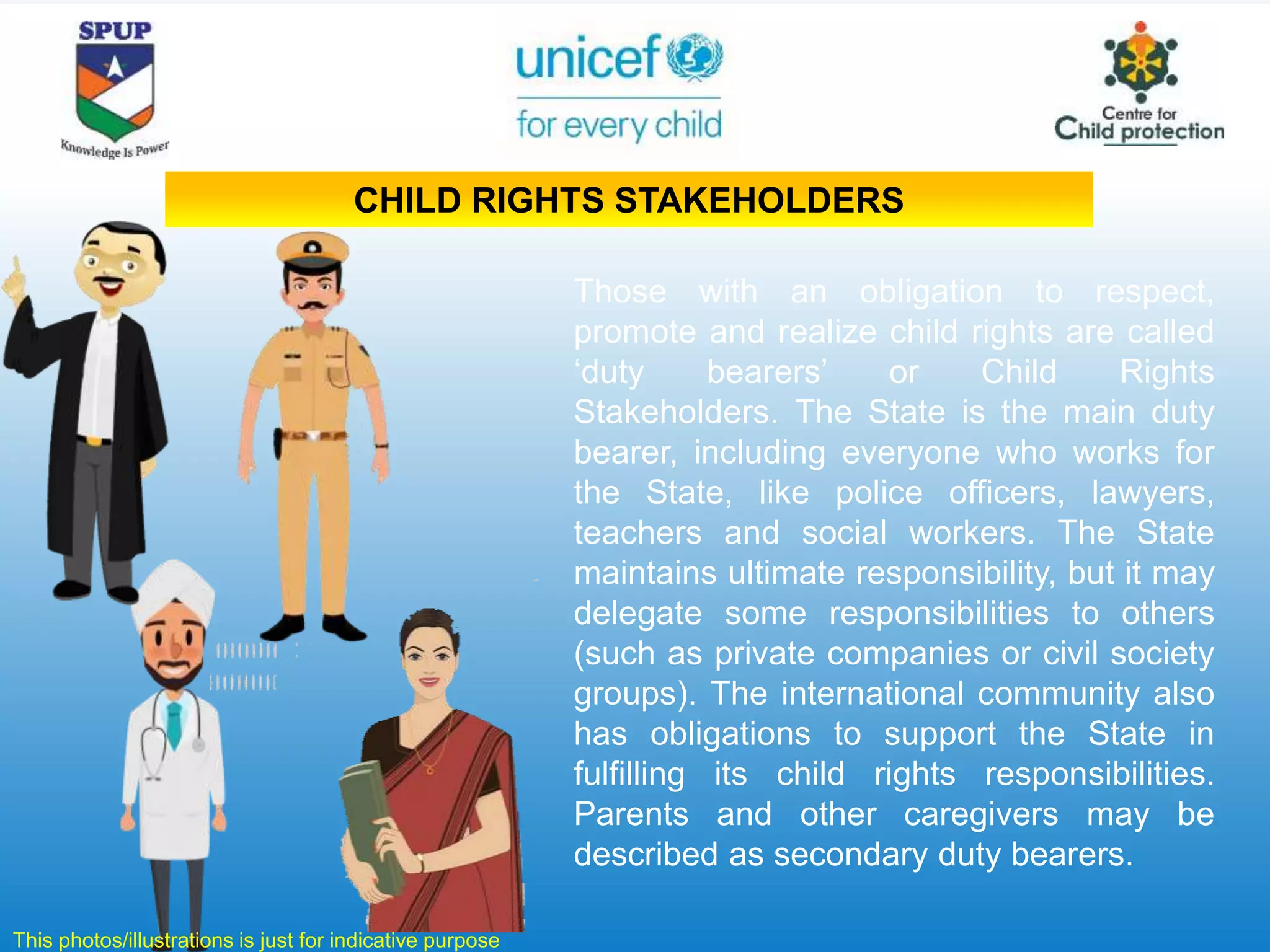 Those with an obligation to respect,
promote and realize child rights are called
‘duty bearers’ or Child Rights
Stakeholders. The State is the main duty
bearer, including everyone who works for
the State, like police officers, lawyers,
teachers and social workers. The State
maintains ultimate responsibility, but it may
delegate some responsibilities to others
(such as private companies or civil society
groups). The international community also
has obligations to support the State in
fulfilling its child rights responsibilities.
Parents and other caregivers may be
described as secondary duty bearers.
This photos/illustrations is just for indicative purpose
CHILD RIGHTS STAKEHOLDERS
 