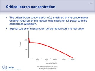 Basic Professional Training Course; Module I
Nuclear physics and reactor theory
Critical boron concentration
• The critical boron concentration (CB) is defined as the concentration
of boron required for the reactor to be critical on full power with the
control rods withdrawn.
• Typical course of critical boron concentration over the fuel cycle:
149
4000
1000
2000
C
[ppm]
B
burn-up [MWd/MTU]
8000 12000 16000 20000
 