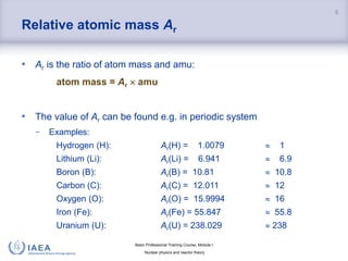 Basic Professional Training Course; Module I
Nuclear physics and reactor theory
Relative atomic mass Ar
• Ar is the ratio of atom mass and amu:
atom mass = Ar  amu
• The value of Ar can be found e.g. in periodic system
− Examples:
Hydrogen (H): Ar(H) = 1.0079  1
Lithium (Li): Ar(Li) = 6.941  6.9
Boron (B): Ar(B) = 10.81  10.8
Carbon (C): Ar(C) = 12.011  12
Oxygen (O): Ar(O) = 15.9994  16
Iron (Fe): Ar(Fe) = 55.847  55.8
Uranium (U): Ar(U) = 238.029  238
6
 