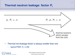 Basic Professional Training Course; Module I
Nuclear physics and reactor theory
Thermal neutron leakage: factor Pt
• Thermal non-leakage factor is always smaller than one
− typical PWR: Pt  0.99
97
p P n
   
f P p P n
t f
    
thermal neutrons
which escape
from the core
 