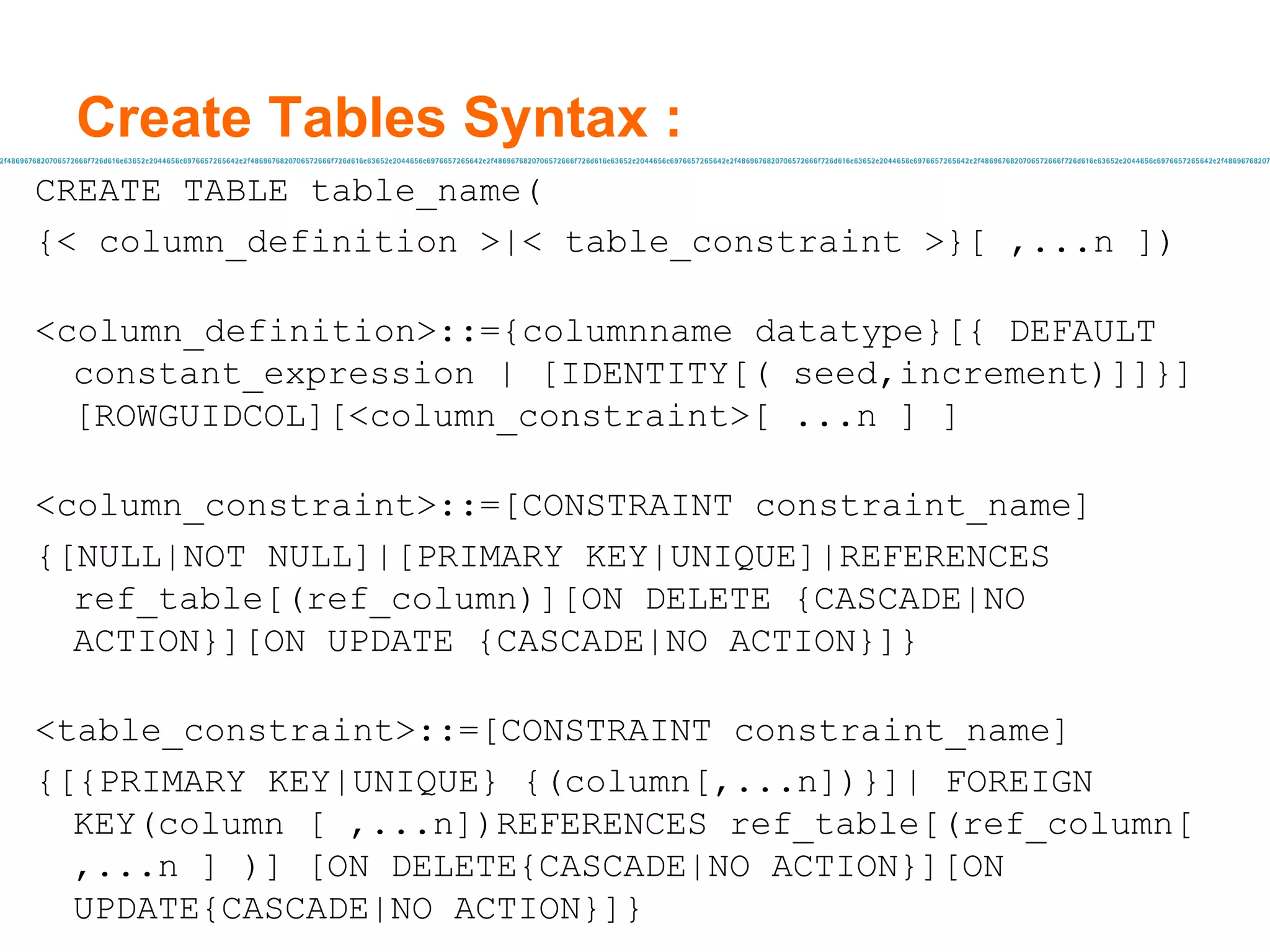 Create Tables Syntax : CREATE TABLE table_name( {< column_definition >|< table_constraint >}[ ,...n ])  <column_definition>::={columnname datatype}[{ DEFAULT constant_expression | [IDENTITY[( seed,increment)]]}] [ROWGUIDCOL][<column_constraint>[ ...n ] ]  <column_constraint>::=[CONSTRAINT constraint_name] {[NULL|NOT NULL]|[PRIMARY KEY|UNIQUE]|REFERENCES ref_table[(ref_column)][ON DELETE {CASCADE|NO ACTION}][ON UPDATE {CASCADE|NO ACTION}]} <table_constraint>::=[CONSTRAINT constraint_name] {[{PRIMARY KEY|UNIQUE} {(column[,...n])}]| FOREIGN KEY(column [ ,...n])REFERENCES ref_table[(ref_column[ ,...n ] )] [ON DELETE{CASCADE|NO ACTION}][ON UPDATE{CASCADE|NO ACTION}]}  