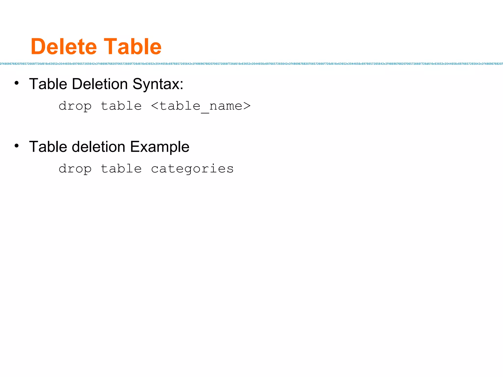 Delete Table Table Deletion Syntax: drop table <table_name> Table deletion Example drop table  categories 