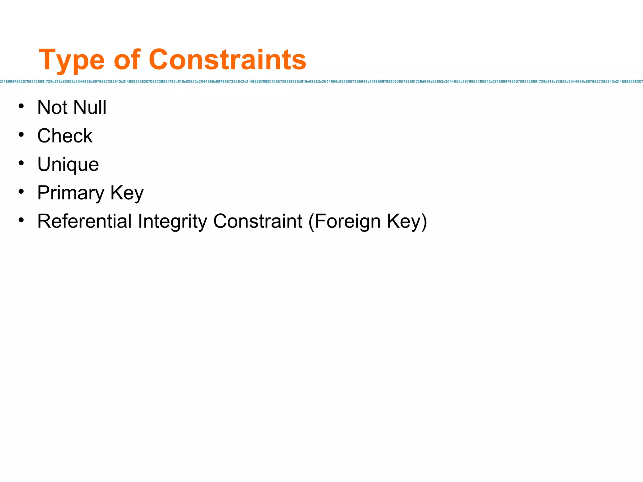 Type of Constraints Not Null Check Unique Primary Key Referential Integrity Constraint (Foreign Key) 