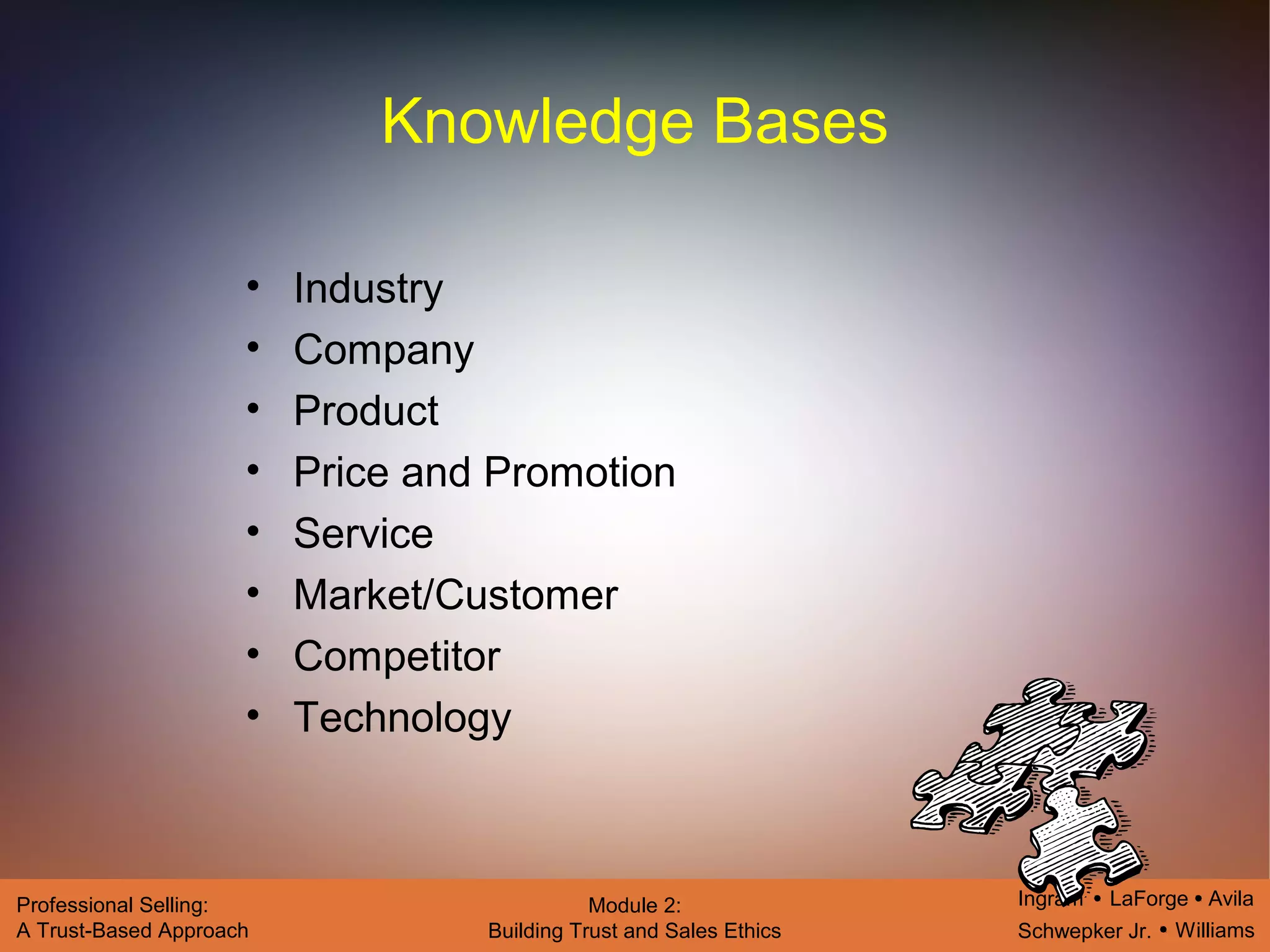 Ingram LaForge Avila
Schwepker Jr. Williams
Professional Selling:
A Trust-Based Approach
Module 2:
Building Trust and Sales Ethics
Knowledge Bases
• Industry
• Company
• Product
• Price and Promotion
• Service
• Market/Customer
• Competitor
• Technology
 
