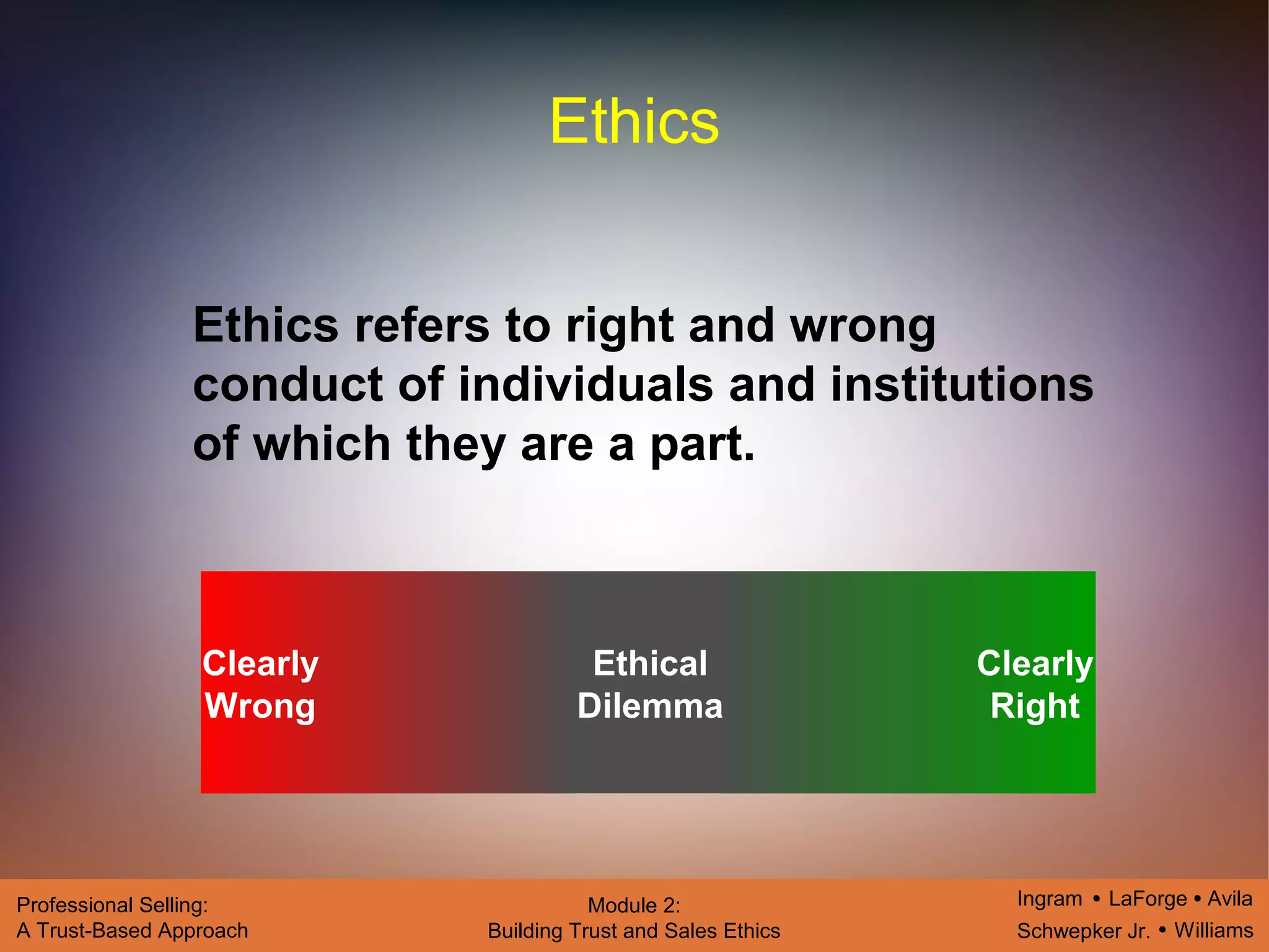 Ingram LaForge Avila
Schwepker Jr. Williams
Professional Selling:
A Trust-Based Approach
Module 2:
Building Trust and Sales Ethics
Ethics
Ethics refers to right and wrong
conduct of individuals and institutions
of which they are a part.
Clearly
Wrong
Clearly
Right
Ethical
Dilemma
 