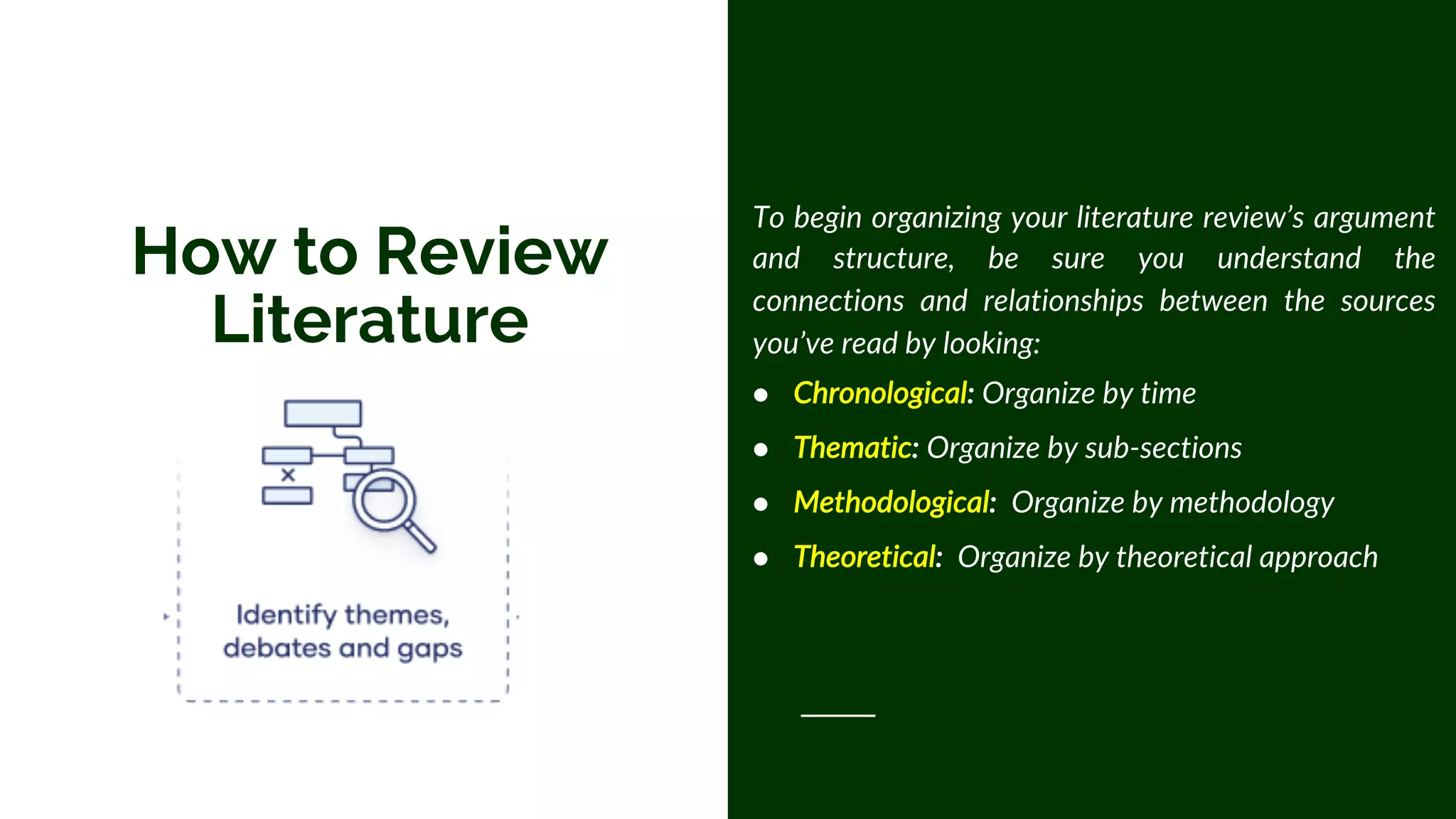 How to Review
Literature
To begin organizing your literature review’s argument
and structure, be sure you understand the
connections and relationships between the sources
you’ve read by looking:
● Chronological: Organize by time
● Thematic: Organize by sub-sections
● Methodological: Organize by methodology
● Theoretical: Organize by theoretical approach
 