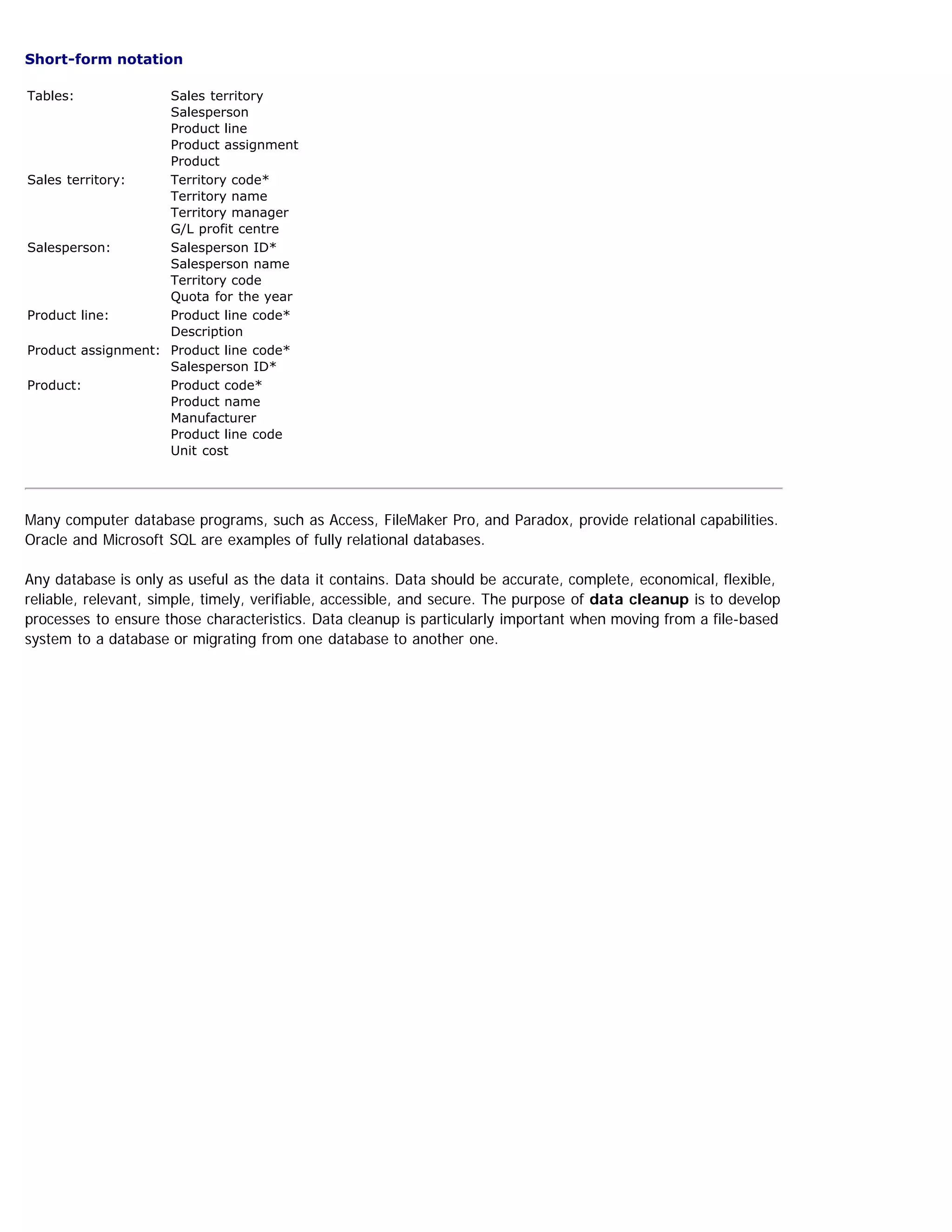 Short-form notation
Tables: Sales territory
Salesperson
Product line
Product assignment
Product
Sales territory: Territory code*
Territory name
Territory manager
G/L profit centre
Salesperson:
 
Salesperson ID*
Salesperson name
Territory code
Quota for the year
Product line:
 
Product line code*
Description
Product assignment:
 
Product line code*
Salesperson ID*
Product:
 
Product code*
Product name
Manufacturer
Product line code
Unit cost
Many computer database programs, such as Access, FileMaker Pro, and Paradox, provide relational capabilities.
Oracle and Microsoft SQL are examples of fully relational databases.
Any database is only as useful as the data it contains. Data should be accurate, complete, economical, flexible,
reliable, relevant, simple, timely, verifiable, accessible, and secure. The purpose of data cleanup is to develop
processes to ensure those characteristics. Data cleanup is particularly important when moving from a file-based
system to a database or migrating from one database to another one.
 