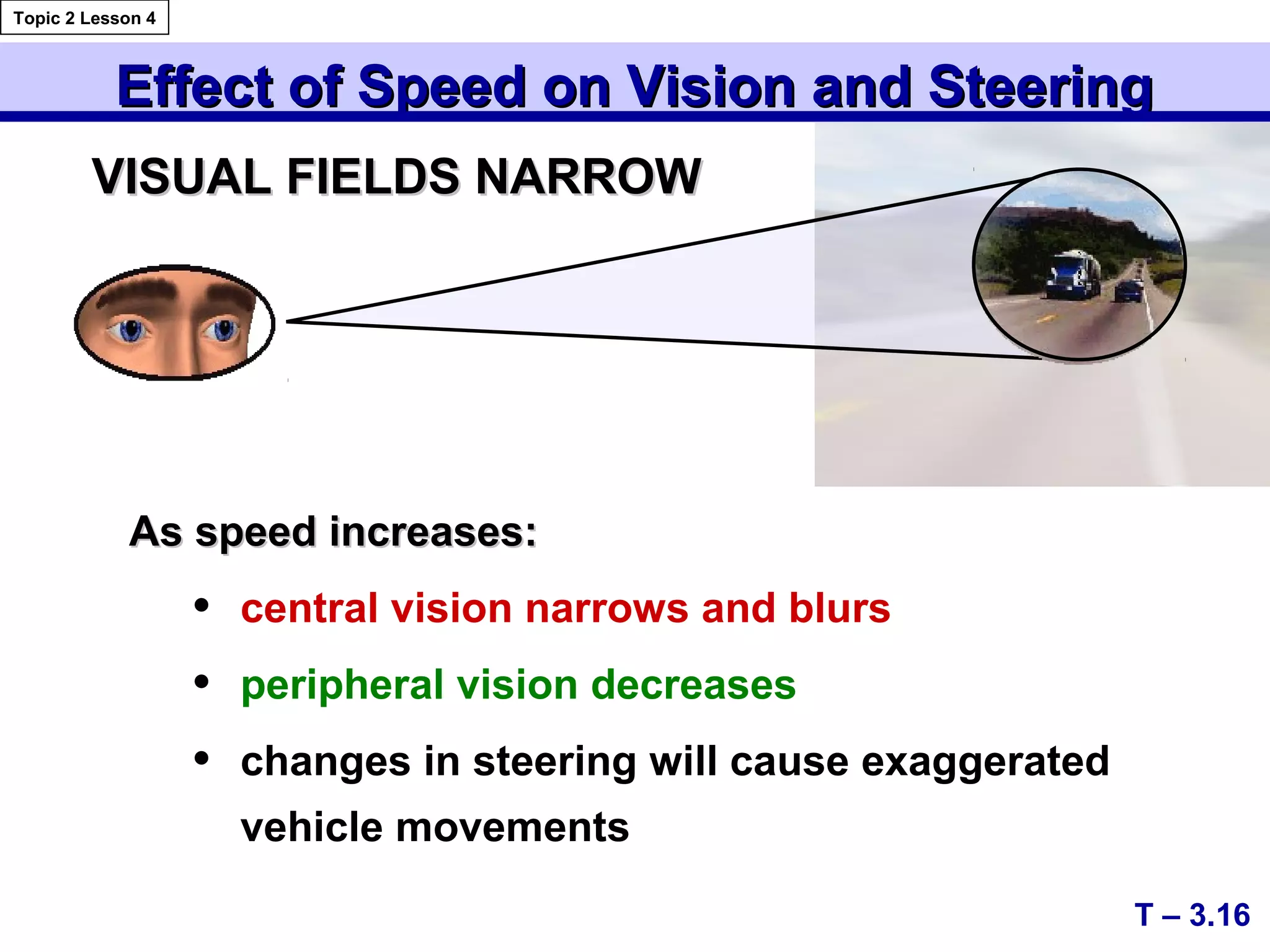 Effect of Speed on Vision and SteeringEffect of Speed on Vision and Steering
As speed increases:As speed increases:
• central vision narrows and blurs
• peripheral vision decreases
• changes in steering will cause exaggerated
vehicle movements
VISUAL FIELDS NARROWVISUAL FIELDS NARROW
T – 3.16
Topic 2 Lesson 4
 