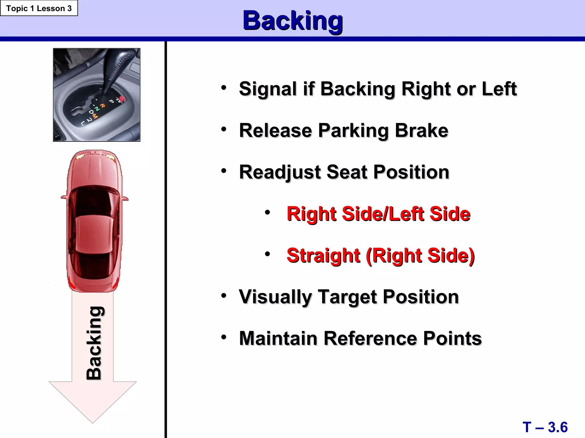 • Signal if Backing Right or LeftSignal if Backing Right or Left
• Release Parking BrakeRelease Parking Brake
• Readjust Seat PositionReadjust Seat Position
• Right Side/Left SideRight Side/Left Side
• Straight (Right Side)Straight (Right Side)
• Visually Target PositionVisually Target Position
• Maintain Reference PointsMaintain Reference Points
T – 3.6
BackingBacking
Topic 1 Lesson 3
BackingBacking
 