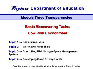 Basic Maneuvering Tasks:Basic Maneuvering Tasks:
Low Risk EnvironmentLow Risk Environment
Topic 1 --Topic 1 -- Basic ManeuversBasic Maneuvers
Topic 2 --Topic 2 -- Vision and PerceptionVision and Perception
Topic 3 --Topic 3 -- Controlling Risk Using a Space ManagementControlling Risk Using a Space Management
SystemSystem
Topic 4 --Topic 4 -- Developing Good Driving HabitsDeveloping Good Driving Habits
Module Three TransparenciesModule Three Transparencies
VirginiaVirginia Department of EducationDepartment of Education
Provided in cooperation with the Virginia Department of Motor VehiclesProvided in cooperation with the Virginia Department of Motor Vehicles
 