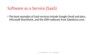 Dr. PUSHPARANI MK AIET, MOODABIDRI
Software as a Service (SaaS)
• The best examples of SaaS services include Google Gmail and docs,
Microsoft SharePoint, and the CRM software from Salesforce.com.
 