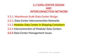 Dr. PUSHPARANI MK AIET, MOODABIDRI
3.2 DATA-CENTER DESIGN
AND
INTERCONNECTION NETWORK
3.2.1. Warehouse-Scale Data-Center Design
3.2.2. Data-Center Interconnection Networks
3.2.3 Modular Data Center in Shipping Containers
3.2.4 Interconnection of Modular Data Centers
3.2.5 Data-Center Management Issues
 
