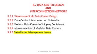 Dr. PUSHPARANI MK AIET, MOODABIDRI
3.2 DATA-CENTER DESIGN
AND
INTERCONNECTION NETWORK
3.2.1. Warehouse-Scale Data-Center Design
3.2.2. Data-Center Interconnection Networks
3.2.3 Modular Data Center in Shipping Containers
3.2.4 Interconnection of Modular Data Centers
3.2.5 Data-Center Management Issues
 