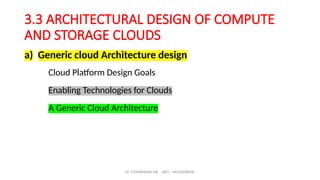 Dr. PUSHPARANI MK AIET, MOODABIDRI
3.3 ARCHITECTURAL DESIGN OF COMPUTE
AND STORAGE CLOUDS
a) Generic cloud Architecture design
Cloud Platform Design Goals
Enabling Technologies for Clouds
A Generic Cloud Architecture
 