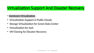 Dr. PUSHPARANI MK AIET, MOODABIDRI
Virtualization Support And Disaster Recovery
• Hardware Virtualization
• Virtualization Support in Public Clouds
• Storage Virtualization for Green Data Center
• Virtualization for IaaS
• VM Cloning for Disaster Recovery
 